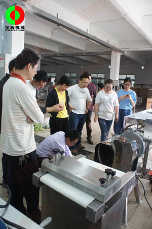 客戶親臨我司測試木瓜削皮、瓜果切丁及蔬果分瓣等加工處理設備!