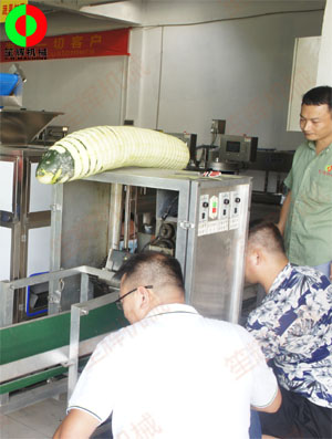 東莞客戶來廠現(xiàn)場測試臥式冬瓜削皮加工機械設備!